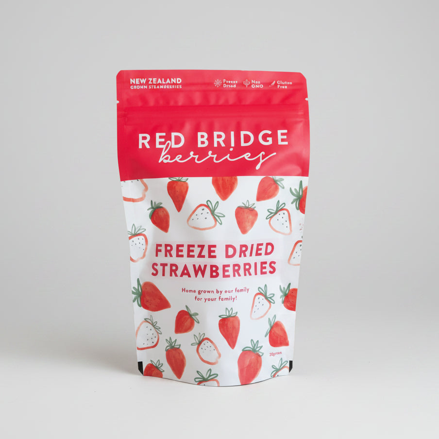 Bag of Red Bridge Berries freeze-dried strawberries on a white background
